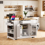 Fluted Kitchen Island With Tilt-out Trash Can, Power Outlet, Internal Storage Rack, 3 Drawers And 3 Open Side Racks