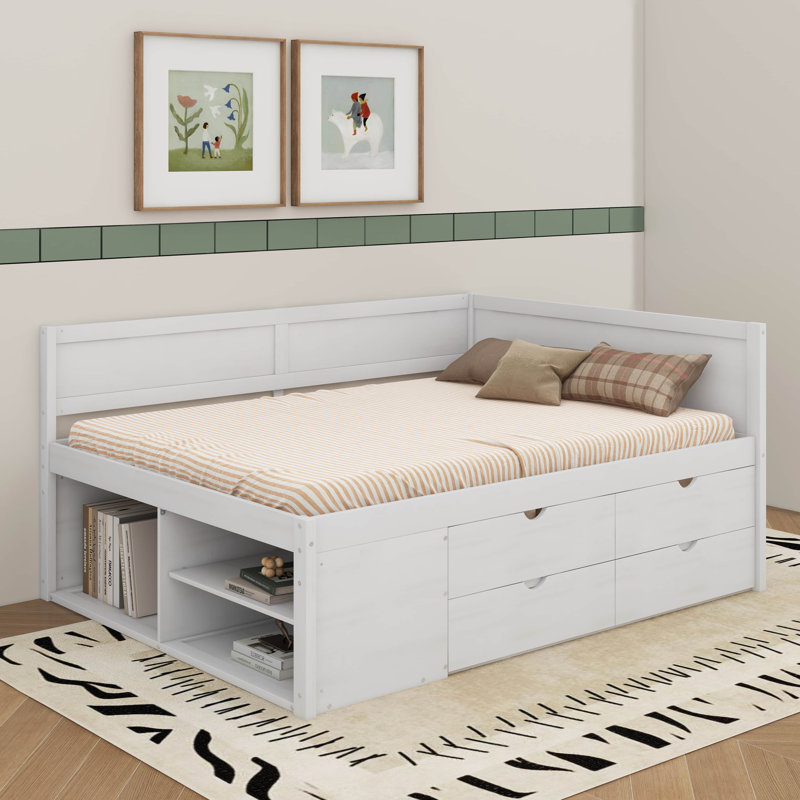 Lit de jour avec tiroirs et tablettes, Lit double, Blanc