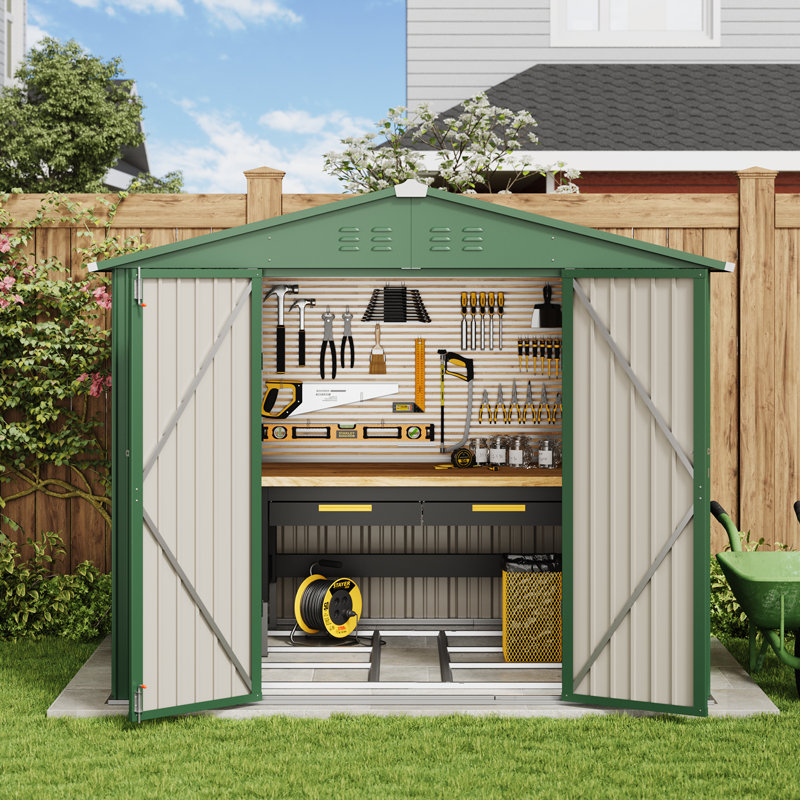 8 Ft. W X 6 Ft. D Metal Storage Shed With Frame And Lockable Door, Green