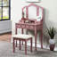Meuble-lavabo en bois rose doré avec miroir, tabouret et pochette à bijoux-132960721