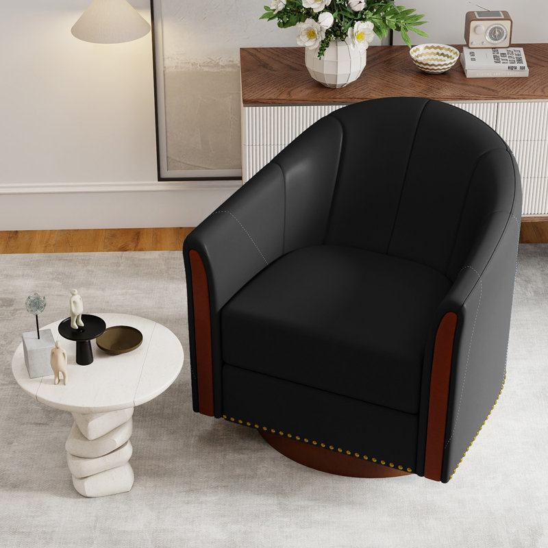 28"W Modern Vegan Leather Swivel Barrel Chair with Solid Wood Base, Black