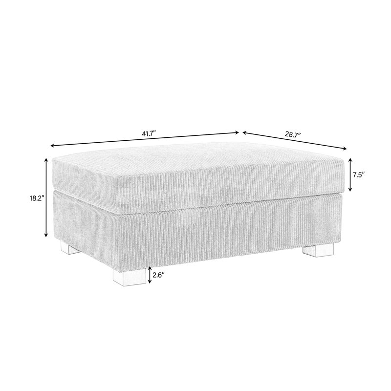 Upholstered Beige Square Corduroy Ottoman with Solid Wood Legs, Single Ottoman Modular Part For Sectional Sofa, Corduroy