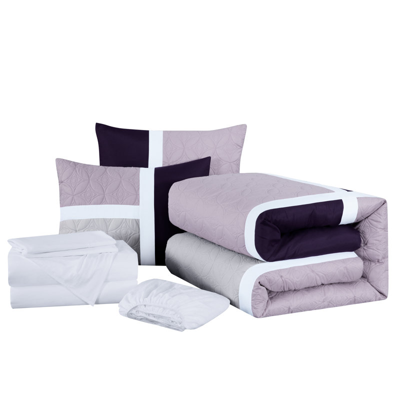 7-Piece Patchwork Bed in a Bag Comforter Set with Sheets, Full Comforter + 6 Additional Pieces, Lavender/Purple/Gray