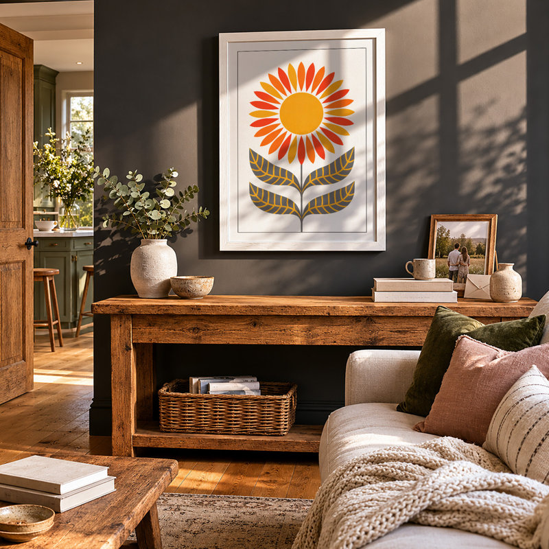 Golden Bloom Mid-Century - Framed Print, A2 - 59.4 x 42.0 cm, White