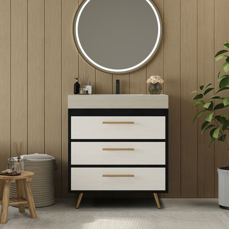 Meuble-lavabo autoportant moderne avec lavabo vasque en céramique et plateau en pierre frittée durable, Noir / blanc