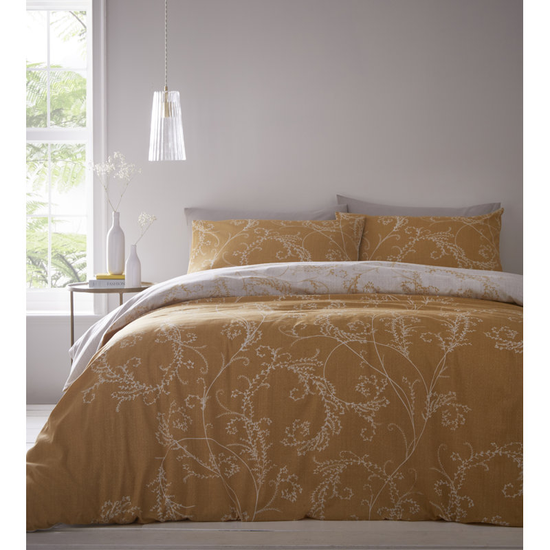 Abana Polyester Floral Duvet Cover Set with Pillowcases, Double - 2 Standard Pillowcases, Ochre