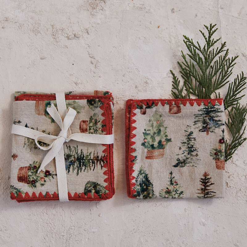 Cotton Printed Cocktail Napkins With Trees Pattern And Red Stitched Edge