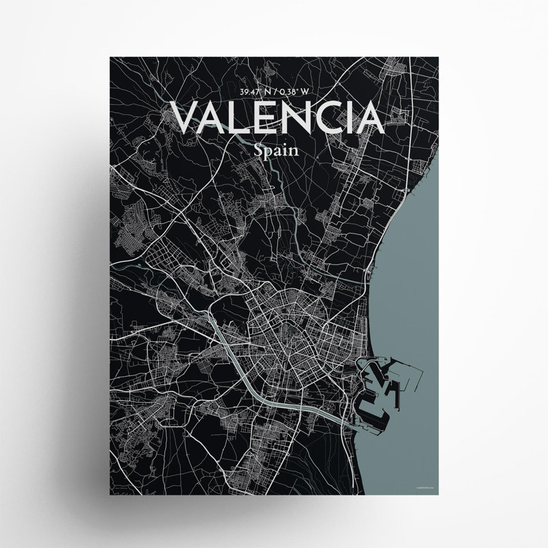 Valencia, carte de la ville, impression, Gris/noir, H 24 po x l 18 po