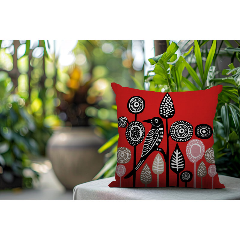 Oreiller carré réversible intérieur / extérieur à motif d'oiseaux olli10172025, Carré 15 po, Rouge