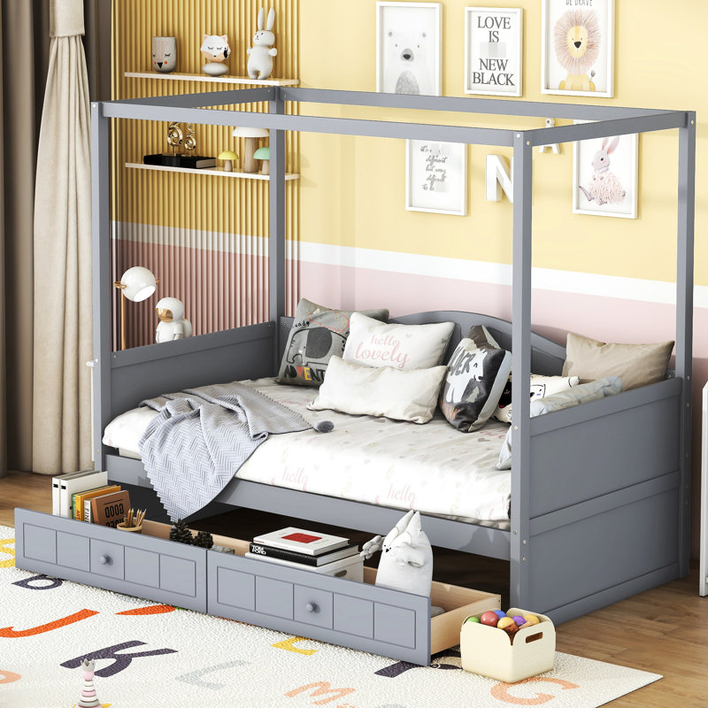 Lit simple à baldaquin gris, 2 tiroirs de rangement, conception moderne, construction, lit de jour confortable en gris, espace, pin et,