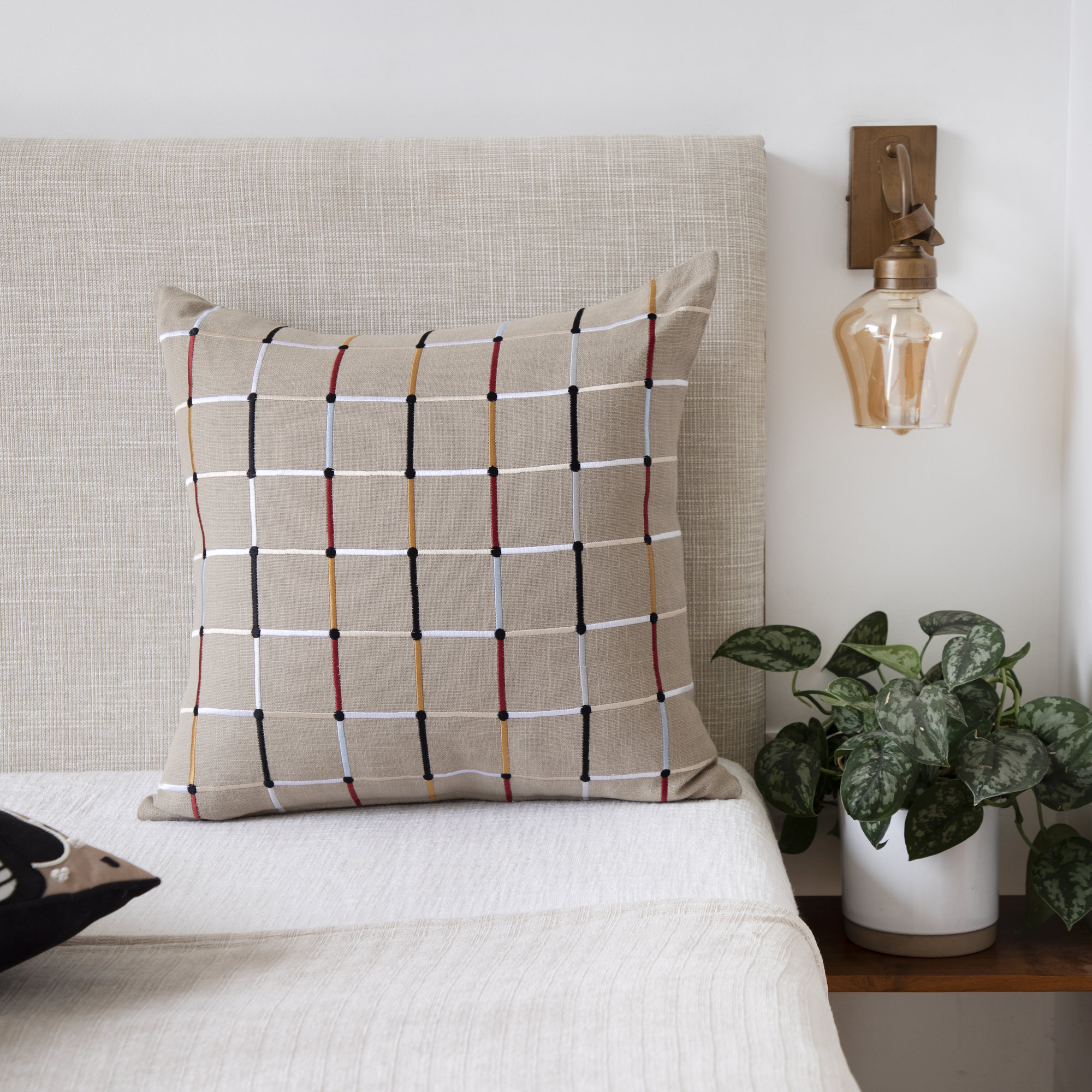 Checkered Cotton Throw Pillow, 24" x 24", Beige/Red/Yellow/Blue, Pillow Cover Only - No Insert