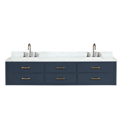 Meuble-lavabo double bleu 84 po X P 22 po D, dessus en marbre de Carrare et ensemble de robinet