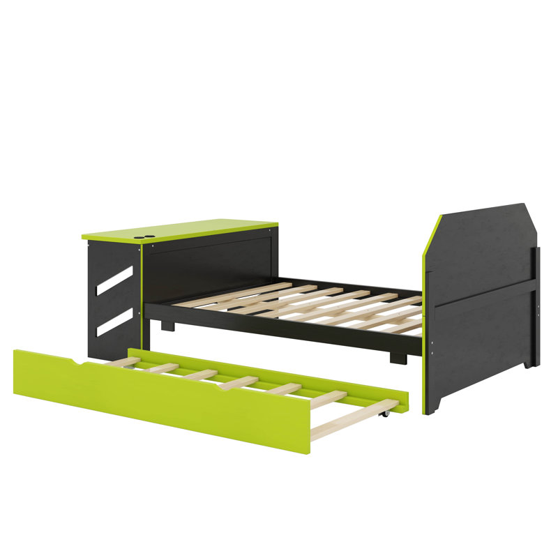 Lit de jour double en bois - Comprend un lit gigogne simple, un bureau et des stations de recharge USB, Vert