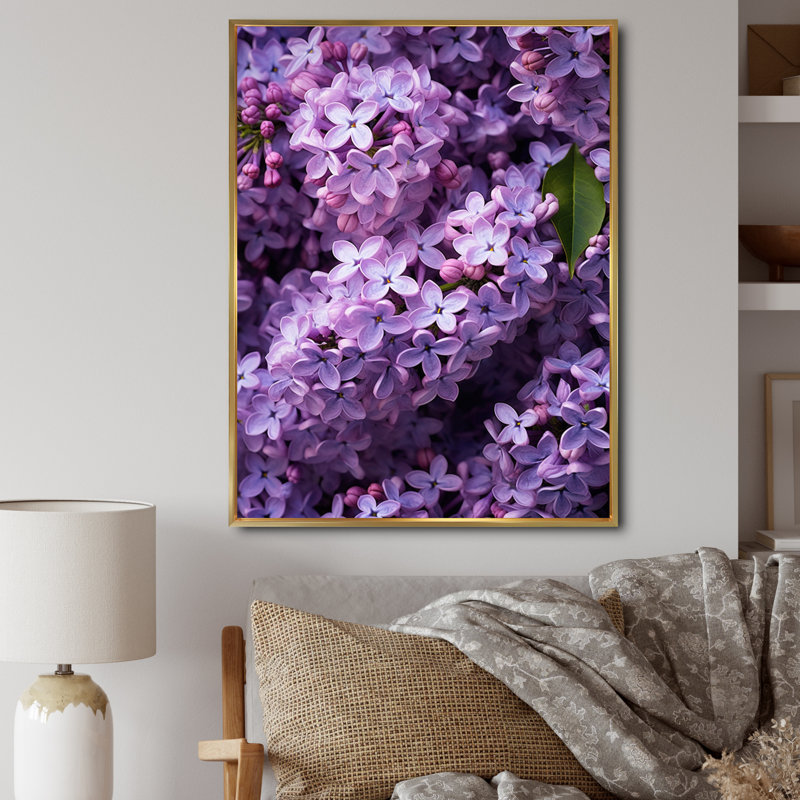 Fleurs mauves lilas mauves sur toile, Cadre flottant doré, H 20 po x l 12 po x P 1 po