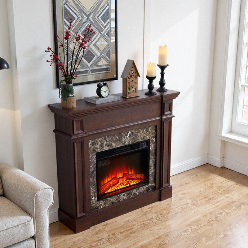 Electric Fireplace Mantel Heater With Realistic Stacked Stone Surround Timer And Remote Control, Cherry