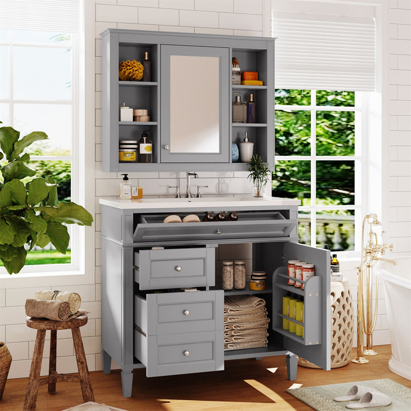 Meuble-lavabo simple avec plateau Jayliana, Gris, Or