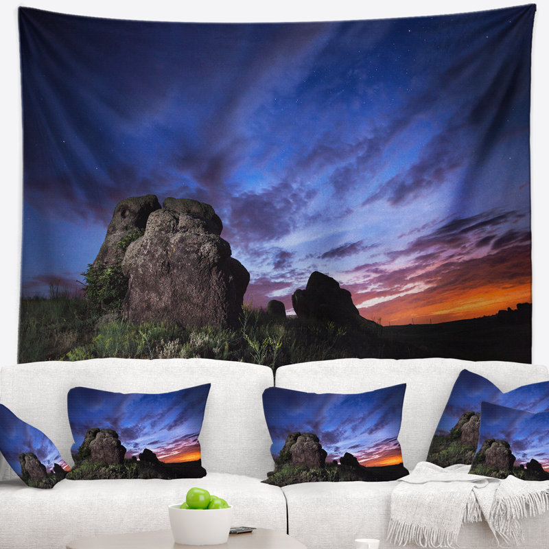 Paysage, nuit d'été, tapisserie, ciel bleu, H 32 po x l 39 po