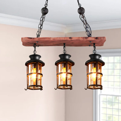 Retro Wooden 3-Head Iron Wood Grain Glass Pendant
