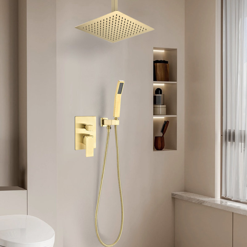 1-Spray Patterns 16 In. Ceiling Mount Dual Fixed And Handheld Shower Head 2.5 GPM, Brushed Gold