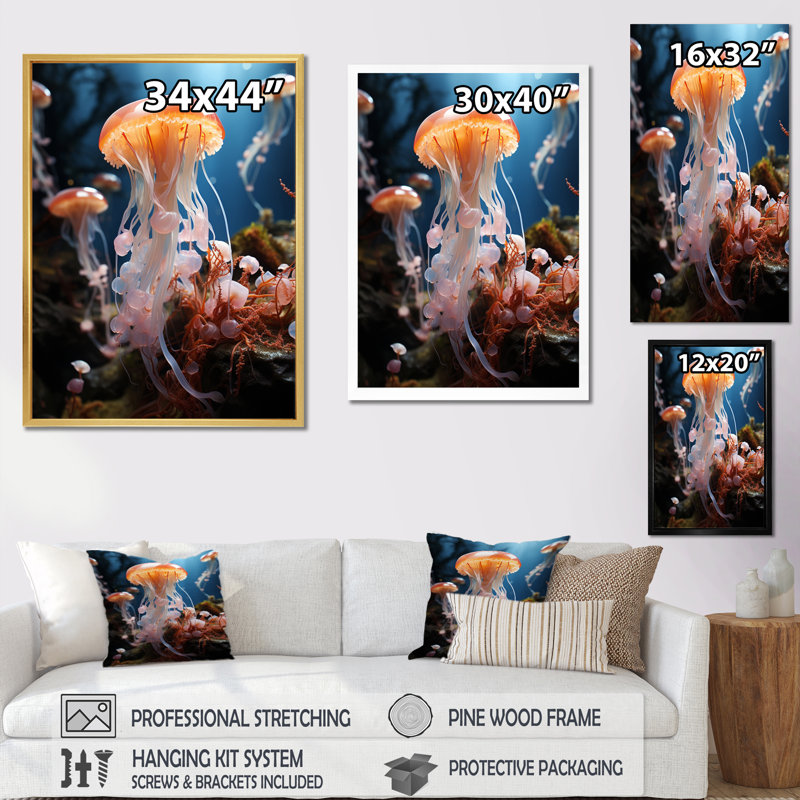 Animal Jellyfish Portrait I - Animals Canvas Wall Art, H 32 po x l 16 po x P 1 po, Encadrement doré