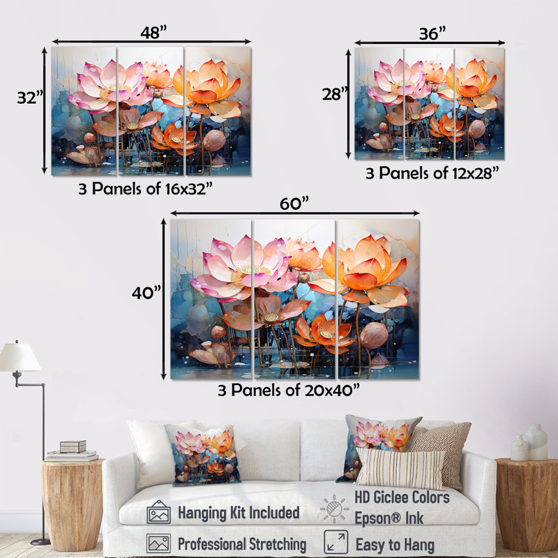 Fleurs de lotus fauves - ensemble de décoration murale lotus, H 32 po x l 48 po x P 1 po
