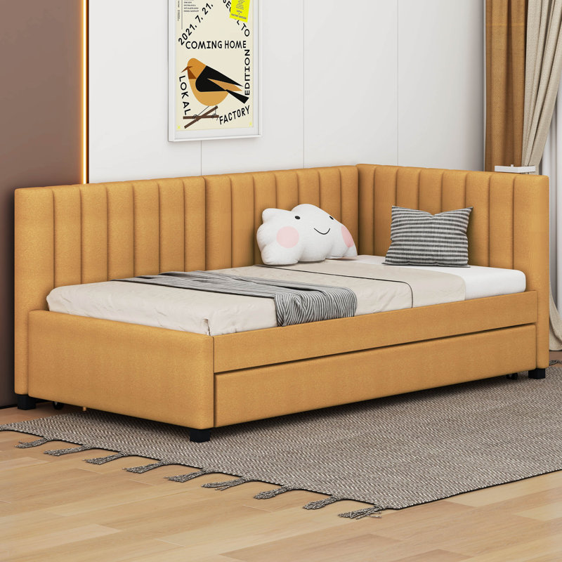 Upholstered Twin Size Daybed with Trundle, Yellow