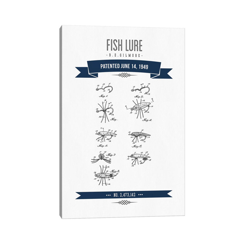 B.E. Gilmore Fishing Lure Patent Sketch Navy Blue by Aged Pixel - Wrapped Canvas Print, 101.6cm H x 66.04cm W x 1.905cm D