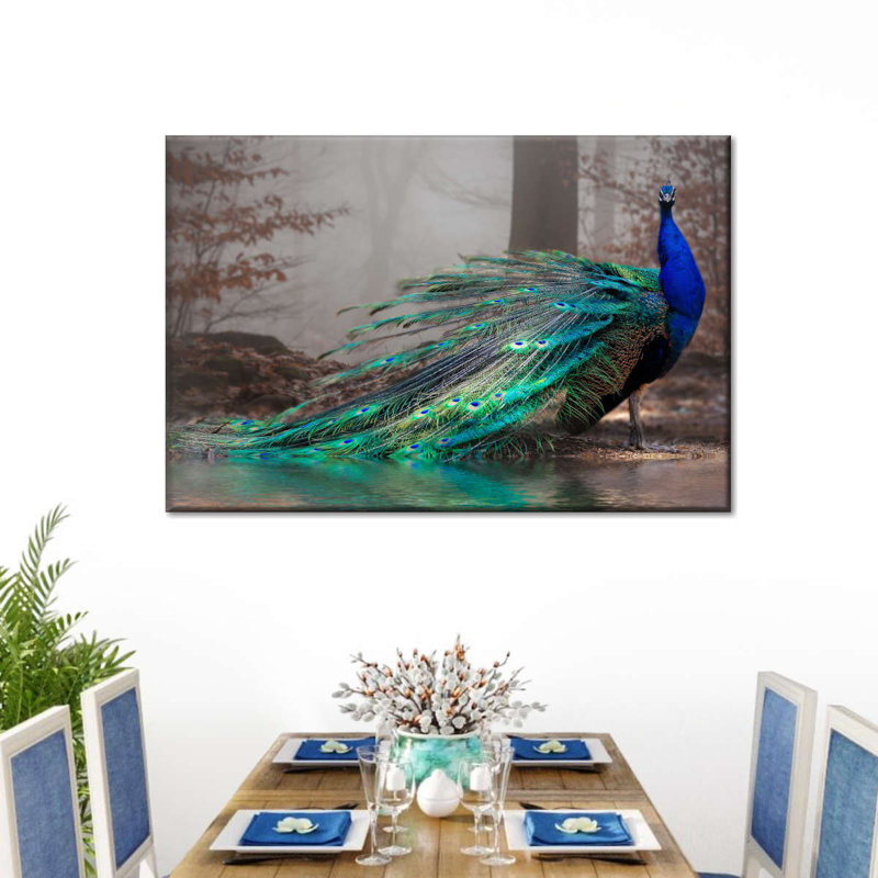 Élégant paon bleu sur toile, H 32 po x l 48 po