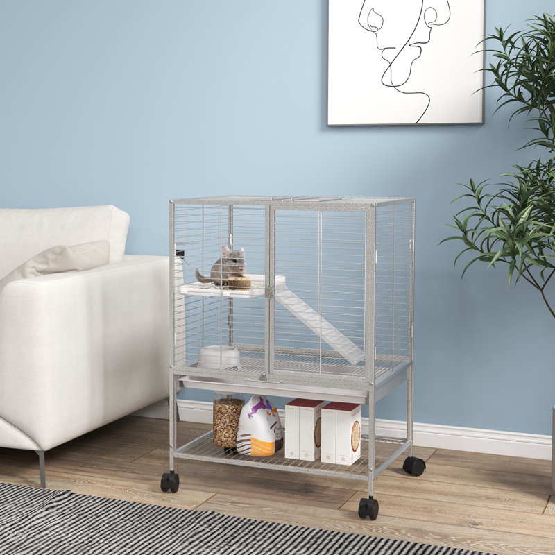 Cage à 2 niveaux pour petits animaux avec tablette de rangement