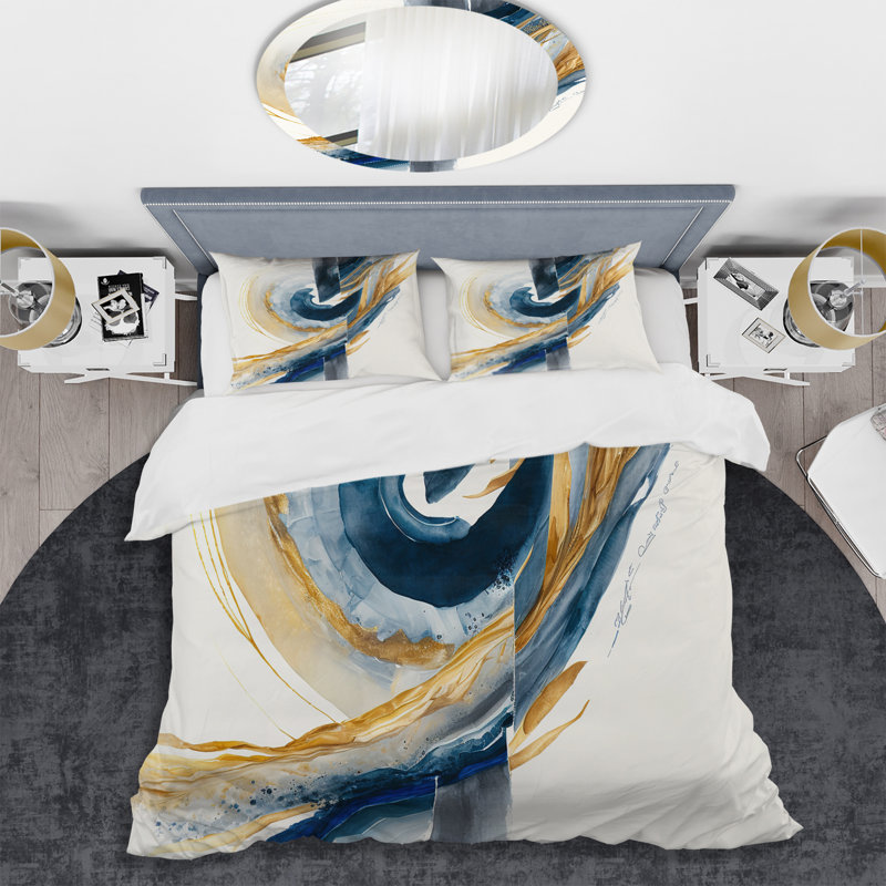 Bleu et or tourbillon abstrait V - ensemble de housse de couette spirale moderne - polyester microfibre