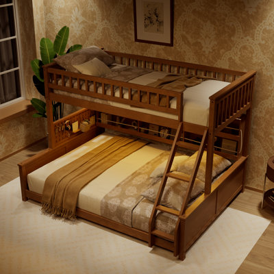 Twin XL over Queen Bunk Bed with Built-in Shelves, Colour-Changing LED Lights, Pegboard, Sturdy Wood