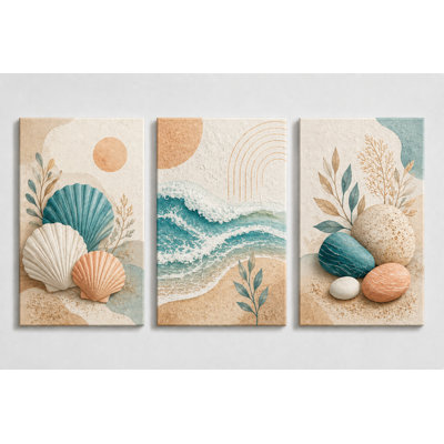 Grand ensemble de 3 impressions murales de coquillage côtier, océan abstrait sur toile pour la décoration de chambre à coucher de salle de bain, impression sur toile 16 x 24 pouces - prête à être accrochée