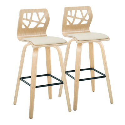 Folia 30" Contemporary Fixed-Height Barstool With Swivel In Natural Wood And Cream Faux Leather With Square Black Metal Footrest By Lumisource - Set Of 2