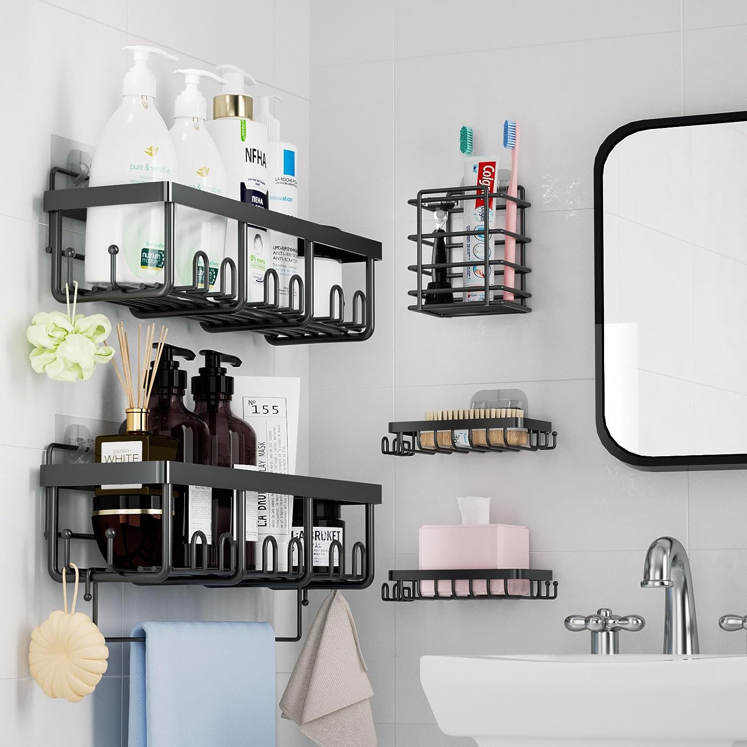IKSOO 5-Piece Shower Caddy Set - Large 12.5in Adhesive Shelves, Stainless Steel With Extra Hooks, No Drill Needed - View #13