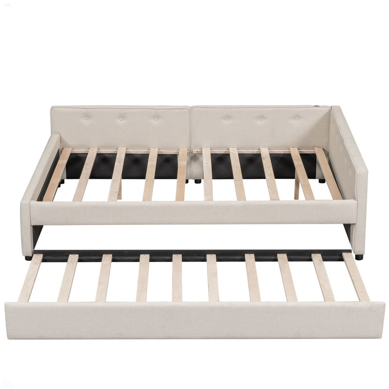 Full Size Upholstered Platform Bed With USB And Twin Size Trundle, Full / Double