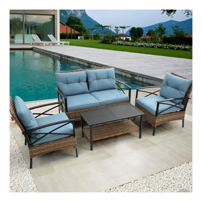 Patio 4 piece sectional low dining conversation sofa set- KD rattan wicker outdoor garden furniture corner sofa set with cushion.