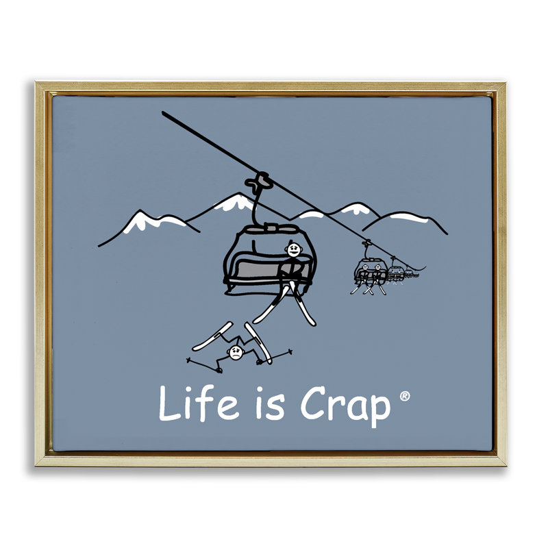 «Falling Ski Lift Floater», art mural sur toile par LIC, Cadre flottant métallique doré, H 17 po x l 21 po