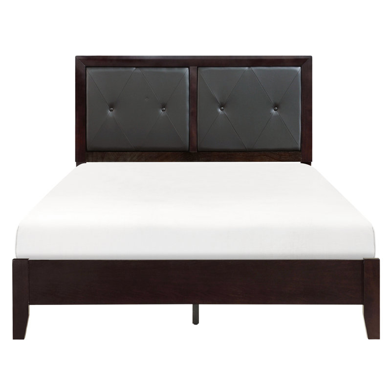 -Lit double grand avec bouton et tête de lit tapissier en similicuir, capitonnage moderne, Espresso, Grand lit