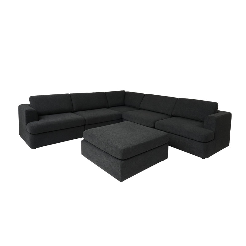 6-Piece Upholstered Boucle Corner Sectional Sofa With Ottoman, Black Fabric