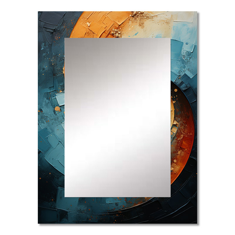 «Orange Teal Abstract Spirals I», miroir décoratif en spirale abstraite, miroir mural orange, impression sur métal