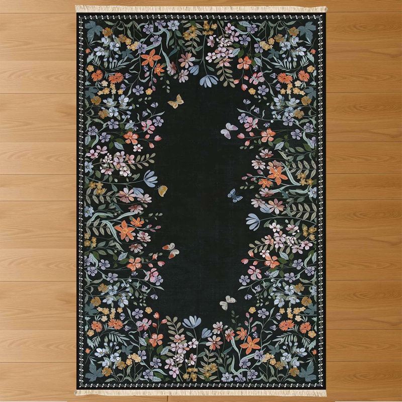 Black Midnight Butterfly Floral Rug