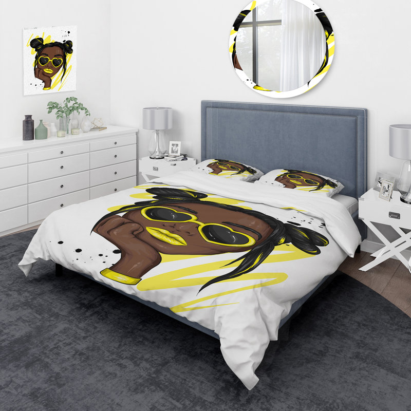 Ensemble de housse de couette en microfibre jaune / noir, Housse de couette pour très grand lit et 2 très