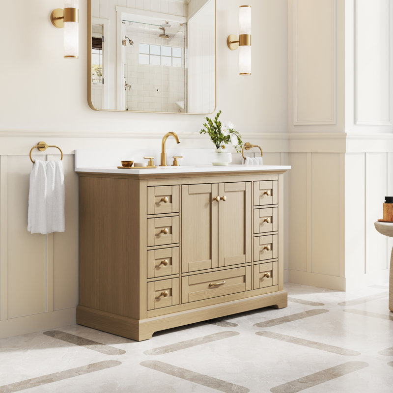 Freestanding Bathroom Vanity With Cultured Marble Countertop And Sink, 48'', Gold, Oak