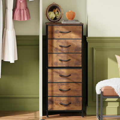 Grande commode pour chambre à coucher, commodes à 6 tiroirs et commodes, commode en tissu pour placard, table de chevet avec structure en métal, tour de rangement avec bacs en tissu, plateau en bois, imprimé grain de bois brun rustique