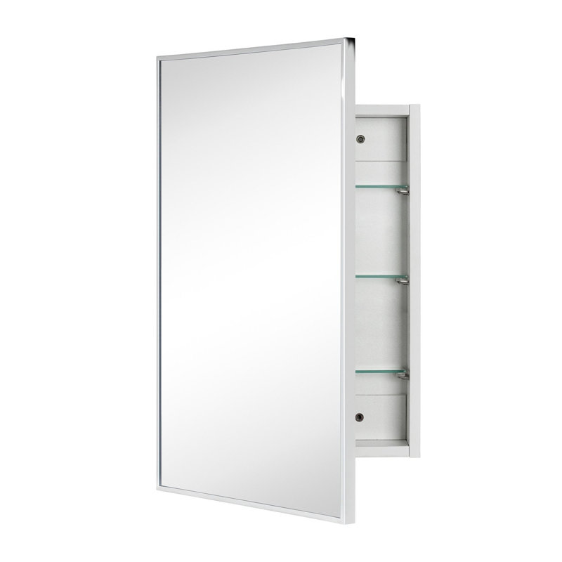 Velin 17.5'' x 29'' Chrome Recessed and Surface Mount Bathroom Medicine Cabinet with Mirror Matt Black Square Cornered Metal Framed Rounded Rectangle Medicine Cabinet Mirror