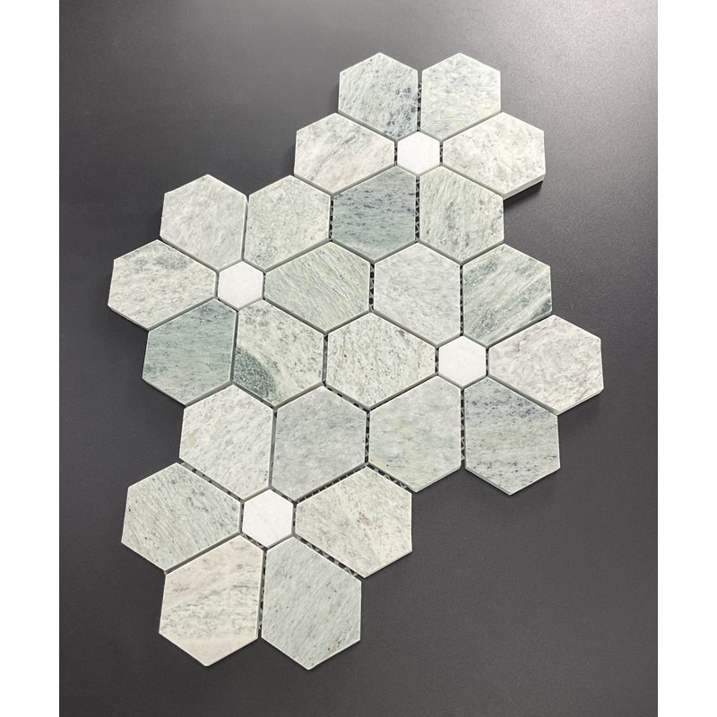 Mfl Ming Green and Thassos White Large Flowers Pattern Marble Novelty Mosaic