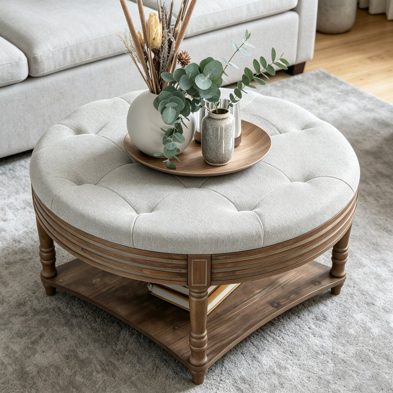 Large Round Waterproof Ottoman Coffee Table 2 Tier Oversized Button Tufted Ottoman With Wooden Shelf Storage Farmhouse Upholstered Coffee Table Living Room Footstool Ottoman Linen