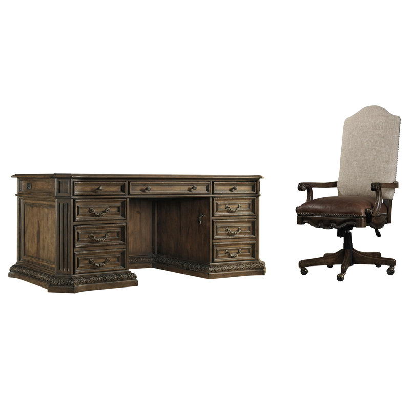 Rustic Walnut Traditional Executive Desk with Filing Cabinet
