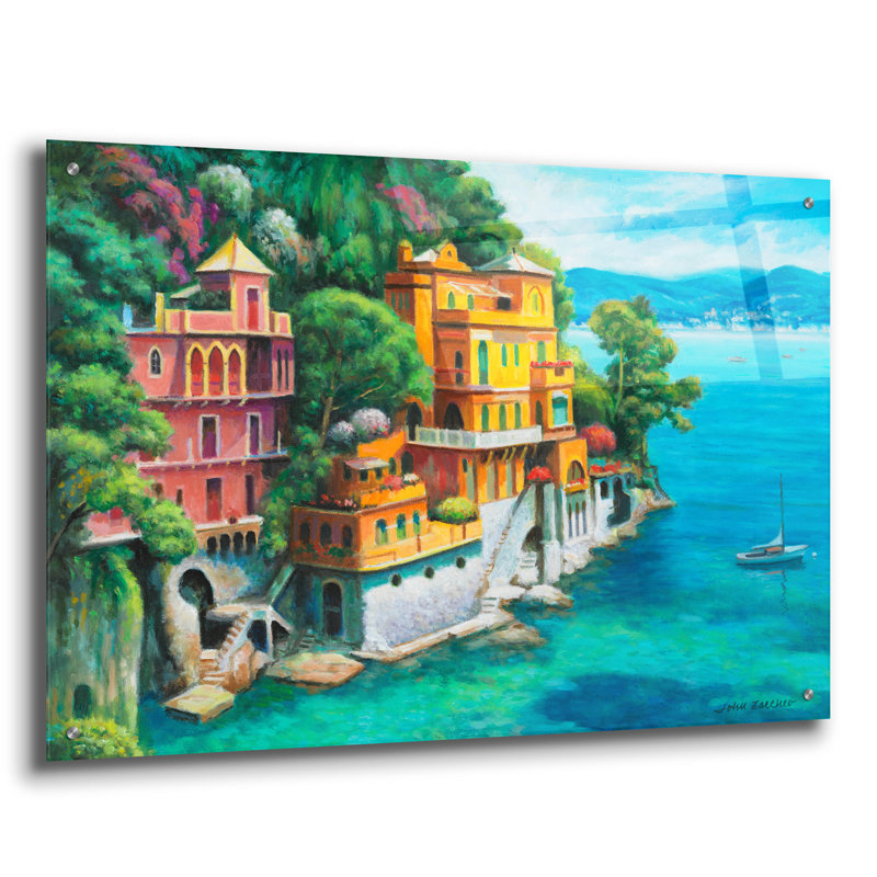 Rosecliff Heights «Domina Beach Portofino Italy» par John Zaccheo, art mural en verre acrylique, 36 po x 24 po
