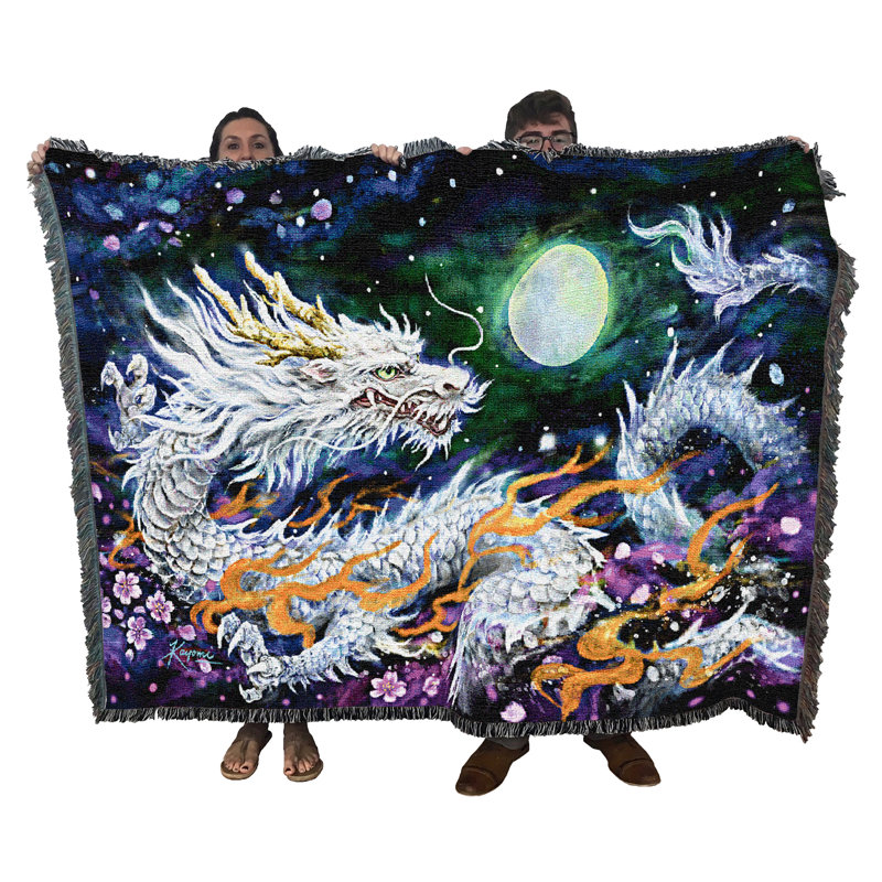 Pure Country Weavers White Dragon and The Moon Blanket by Kayomi Harai - Fantasy Gift Tapestry Throw Woven from Cotton - Made in The USA (72x54)